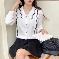 Linki ✿ Fashion lace knitted T-shirt Korean long sleeve doll collar women blouse