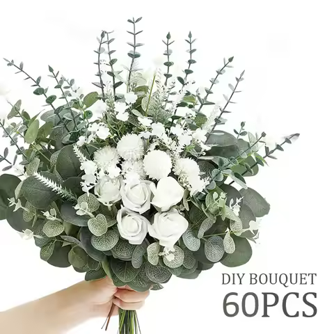 60Pcs Mixed Artificial Eucalyptus Leaves Stems with Flowers Faux Silver Dollar Picks for Floral DIY 