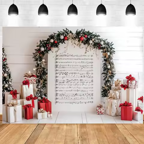 Christmas Photography Backdrops Winter Snow Xmas Tree Song Musical Score Arch Gifts Decor Kids Famil