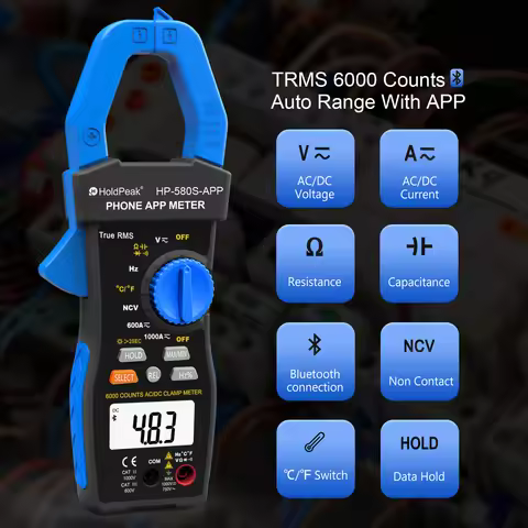 Connectivity 6000-count True RMS Clamp Meter features APP resolution measures 1000A AC/DC resistance