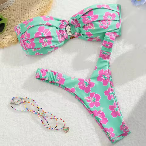 Strapless Pleated Bikini Set Women Swimsuit Bandeau Swimwear Micro Bikini Women Swimming Suit Beachw