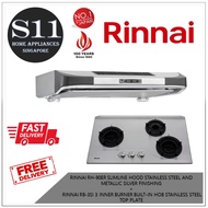 RINNAI RH-90ER SLIMLINE HOOD STAINLESS STEEL AND METALLIC SILVER FINISHING  +  RINNAI RB-3SI 3 INNER BURNER BUILT-IN HOB STAINLESS STEEL TOP PLATE