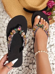 女式鑽石拖鞋,楔形跟,厚底防滑沙灘拖鞋,適合戶外穿著