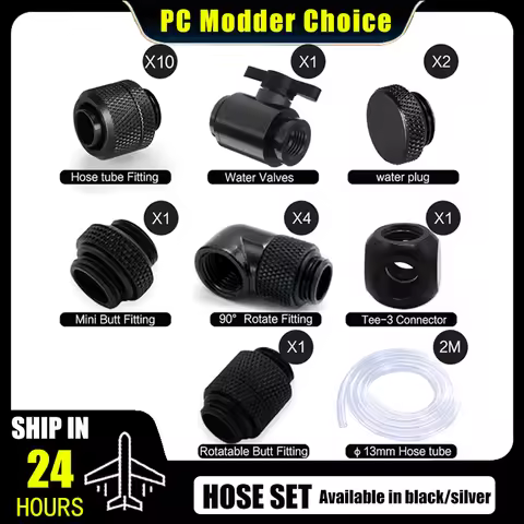 Computer Split Soft Hose Water Cooling Fitting Kit, 10*13mm Soft Tubing Connector + Pipe Black /Silv