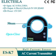ES-K7ฮอลล์เครื่องส่งกระแสไฟฟ้า AC DC 0-2100A 50มม. 4-20mA 0-5V 0-10V เอาต์พุตแยกวงเปิดตัวแปลงสัญญาณก