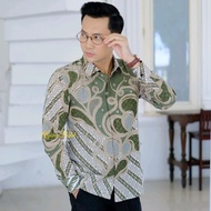 KEMEJA HIJAU MAHAMERU SAGE sage green batik shirt, slim fit long sleeve batik top, sage green, luxur