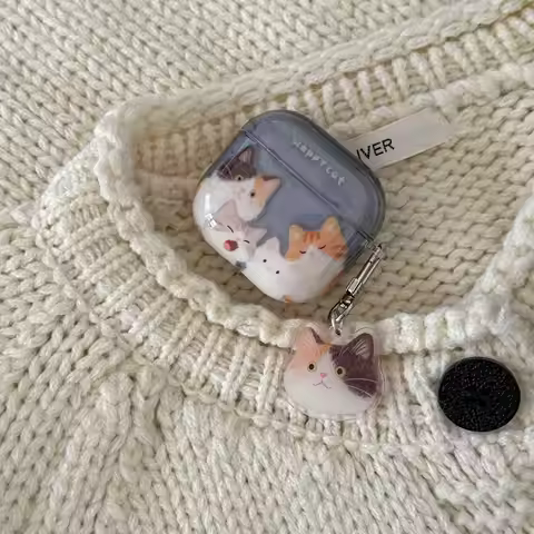 Transparent Blue Cute Yawning Kitten Pattern with Pendant Protective Earphone Case Suitable for AirP