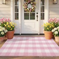 Spring Pink and White Plaid Rug, 3' x 5' Cotton Blend Layered Doormat Rug for Front Door, Hand-Woven