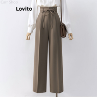 Lovito Elegant Plain Lace Up Pants for Women LNE31118 (Brown/Black) Lovito Celana Bertali Polos Elegan untuk Wanita