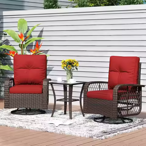3 Pieces Patio Furniture Set, Patio Swivel Rocker Chairs Set of 2, Wicker Outdoor Bistro Set with Ro