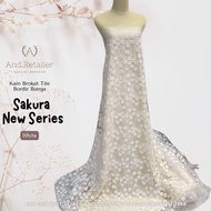 Bahan Kain Kebaya Mewah Brokat Tile Sakura New Series Motif Bunga Warna PUTIH Harga 05m