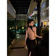 IAMGIA Cobweb Bow Knot Halter Dress with Hollow Slit - Women's Fashion