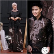 Batik Couple - Baju Batik Couple Kemeja Panjang Gamis Maxi Tali Samping Motif Padi Abu