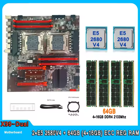 X99 Dual Motherboard Dual CPU LGA 2011 Set with Xeon E5 2680 V4 Processor 64GB(4*16GB) DDR4 2133MHZ 