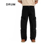 DRUM SELECT Twin Pockets Detailed Baggy Cargo Jeans- Black