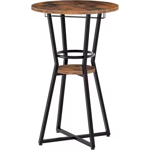 Round Bar Table, 2-Tier Counter Height Pub Table with Wine Glass Holder, Industrial Cocktail Table, 