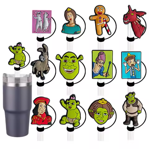 1-12pcs Shrek anime Straw Cover Cap Cartoon 10MM Drink Straw Plug Reusable Splash Proof Drinking Cup