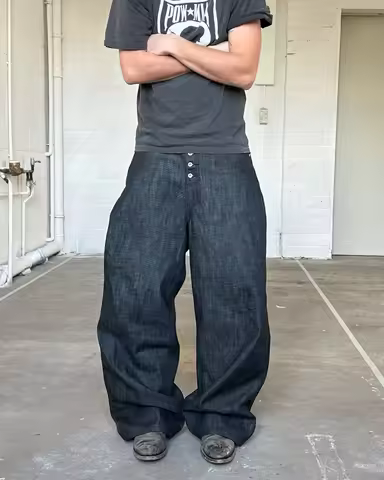 Japanese Raw Denim Loose Fit Jeans Classic Unwashed Cotton Workwear Baggy Trousers for Men