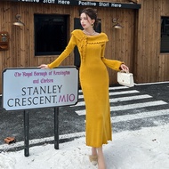 French style long-sleeved wool dress - Artistic floral patterns exude elegance in autumn and winter