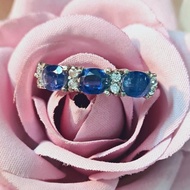 天然藍晶石配天然白色鋯石925銀鍍鉑金戒指