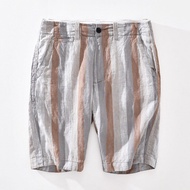 2023 New Contrast Striped Shorts For Men Pure Linen Lightweight Beach Straight Loose Casual Button Up Short Pants