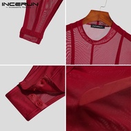 INCERUN Men Summer Mesh See Through Long Sleeve High Collar Jumpsuits