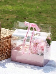 1個花束蛋糕禮盒,透明手持玫瑰包裝盒,pvc情人節水果和花卉盒