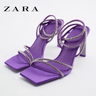 ZARA summer new square head purple bright decoration drawstring French high-heeled shoes stiletto rhinestone open-toed sandals women