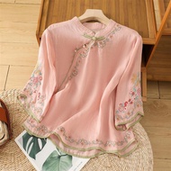 New Chinese Style Embroidered Cotton Linen Shirt Women Literary Retro Top Button Button New Summer E