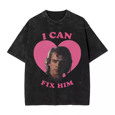 Washed T Shirts Anakin Skywalker I Can Fix Him Pink Heart Hip Hop T-Shirt Oversize Streetwear Summer