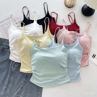 Women's Built-in Cup Spaghetti Strap Tank Top Side Ruched Crop Camisole