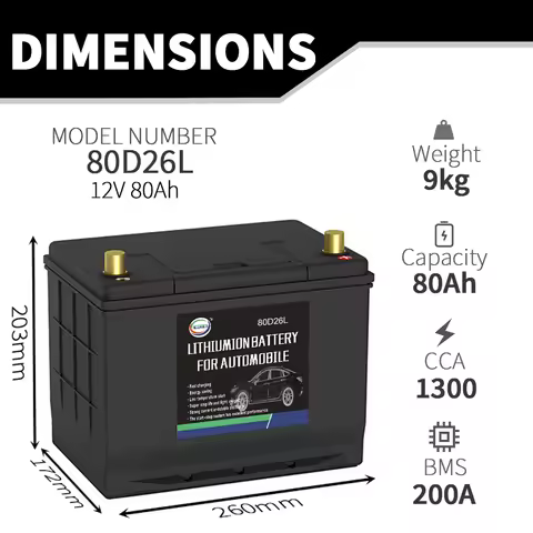 80D26L/R 12V LiFePO4 Lithium-ion Car Battery 80Ah CCA1300 Deep Cycle Automotive Replacement Battery 
