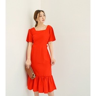 RED-Maxi Dress Square Neck/ Korean Style Maxi Dress Short SleeveWanita