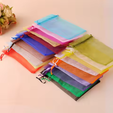 50pcs 7x9cm 9x12cm 10x15cm 13x18cm 15x20cm Transparent Organza Bags Wedding Candy Box Packaging Birt