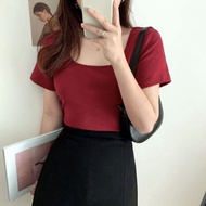 RULINWOODS [Premium Quality] 4 Colors Womens Square Neck Cotton T-shirt Summer Threaded T-shirt