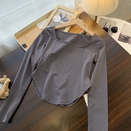Onefashionmall Atasan Baju Wanita Fashion Lengan Panjang Kaos Polos Square Neck Long Sleeve Shirt bl