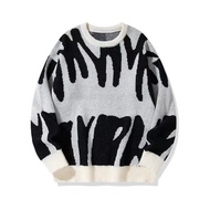 Men Trendy Version Unique Round Neck Jacquard Sweater Teenager Black White Jacquard Plus Size Sweate