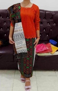 set rok selendang katun +  blus brokat import premium