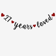 27 Years Loved Banner, Pre-Strung, Black Glitter Paper Banner for 27th Birthday Party 27th Wedding A