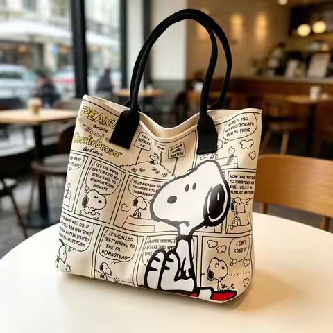 Snoopy Tote Bag Large Capacity Zipper Bag Comic Print Canvas Bag Vintage Shoulder Bag Daily Shopping