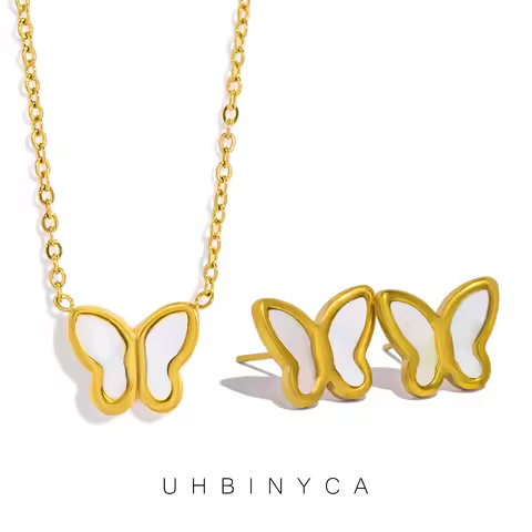Women's Butterfly Earrings & Necklace Set - Hypoallergenic Stainless Steel with Shell Inlay, Garden 