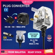 LOVIDA EU TO MSIA/UK FUSED EURO 2 Pin To 3 Pin Plug Converter Fits 5A Power Fuse Adaptor Penukar Pal
