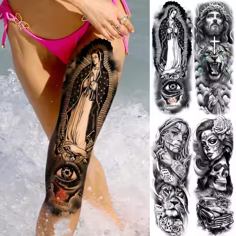 1 Sheet Chicano Holy Mother Jesus Full Arm Temporary Tattoos Waterproof Realistic Fake Tattoo Sleeve