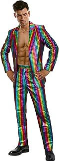Mens Sequins Costume 1970s Metallic Rainbow Disco Party Dance Suit Halloween Carnival Ball Jacket Pa