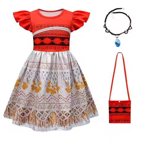 Girls Mona Cosplay Costume Dresses Kids Vaiana Princess Dress Bag Halloween Carnival Children Birthd