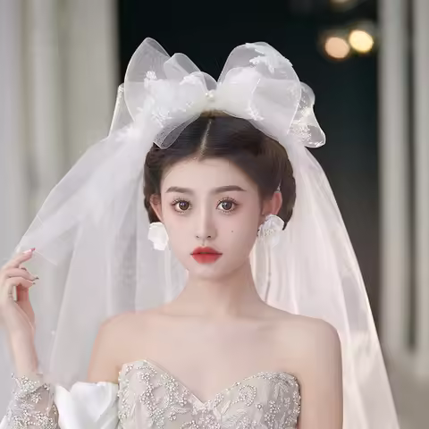 Korean Style Wedding Veil Large Bowknot Bride Veils Wedding Hair Accessories Woman's accessories
