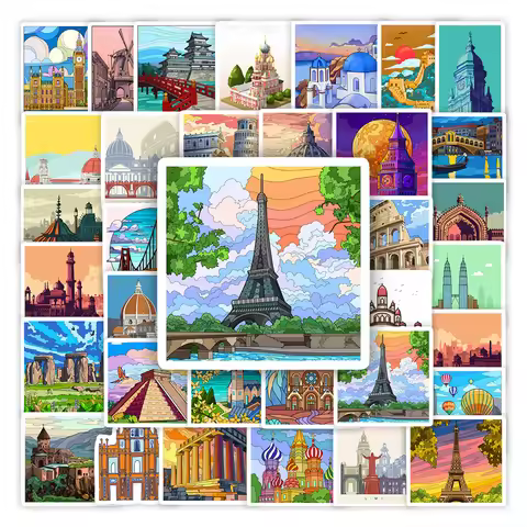 World Landmark Famous Architecture Illustration Stickers DIY Toys Gift Decorative Decal for Journal 