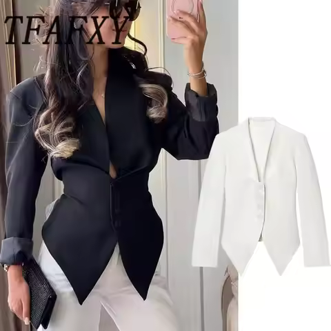 TFAFXY 2026 Spring Women Slim Blazer Thin Long Sleeve Deep V Neck Single Breasted Irregular Party Ja
