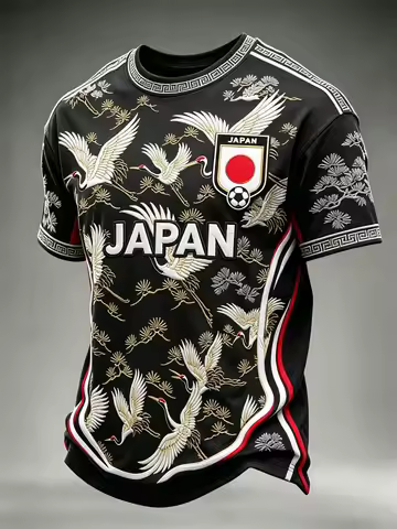 Japan Soccer Jersey Black Base Crane Pine Prints Japan Lettering Shield Badge Geometric Cuff Trims 2