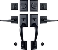 2 Pack Matte Black Lockset Low Profile Contemporary Double Door Handleset with Single Cylinder Deadbolt Lock and Halifax Lever in Iron Black Finish Lockset Double Door Lockset(Keyed&amp;Dummy)